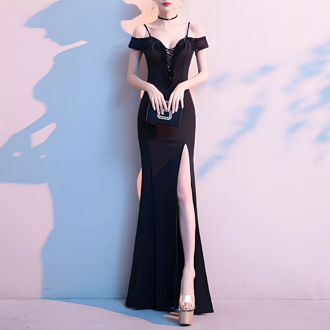 晚礼服女一字肩高端气质名媛宴会晚宴赫本风抹胸侧开叉长款连衣裙