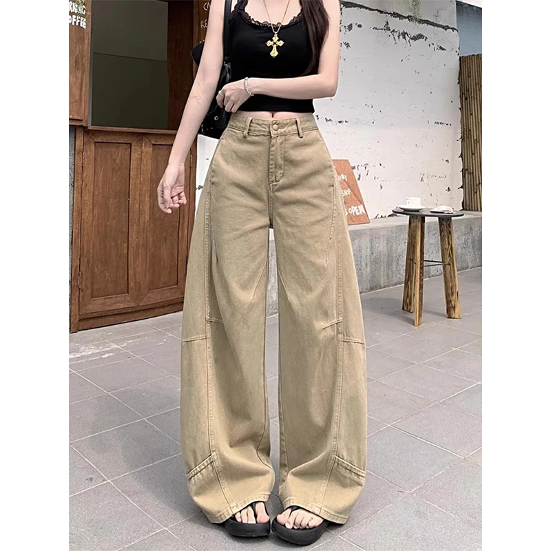 美式复古卡其色牛仔裤女2025夏季新潮设计感宽松显瘦垂感阔腿长裤