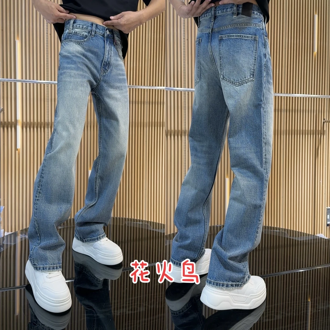 花火鸟秋季（百分百棉）水洗中直筒裤长裤休闲风中高腰牛仔裤8035