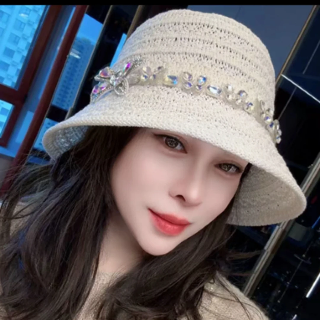 新款重工亮钻百搭盆帽高端时尚针织渔夫帽网红帽子编织镂空夏季