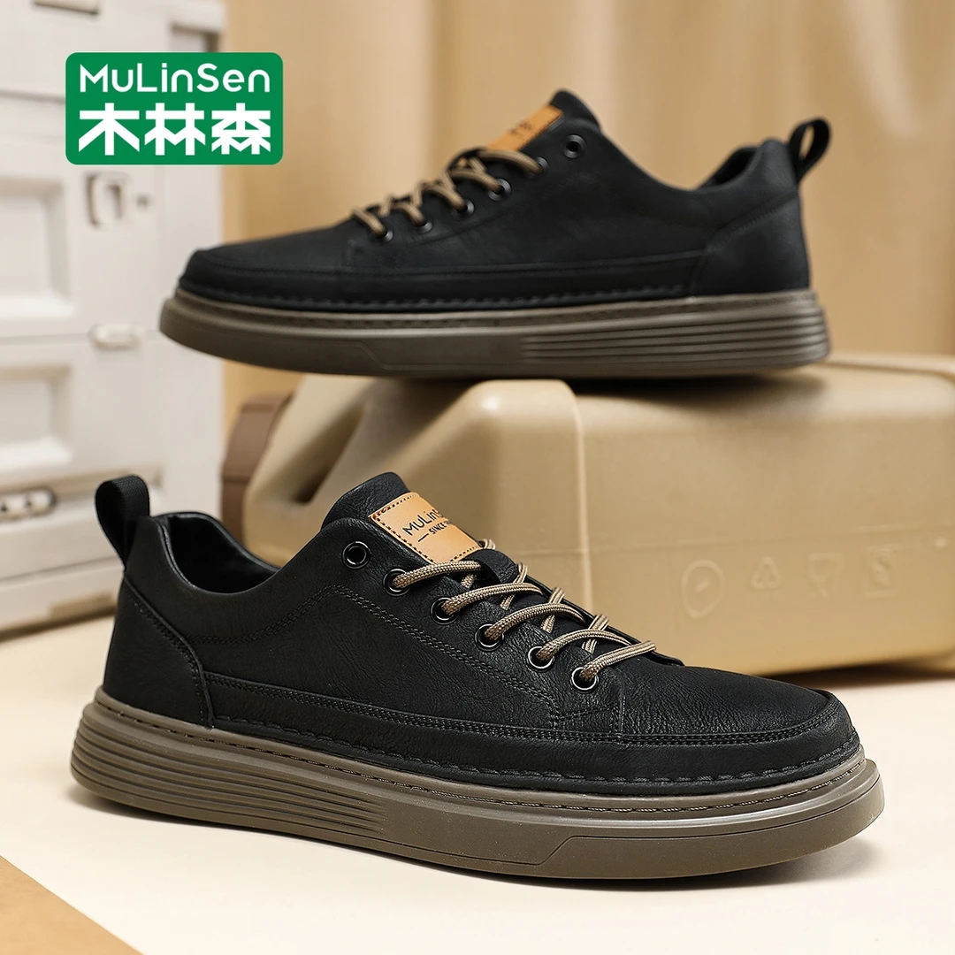 木林森板鞋男2025新款秋季软底增高防滑耐磨休闲工作黑色皮面皮鞋
