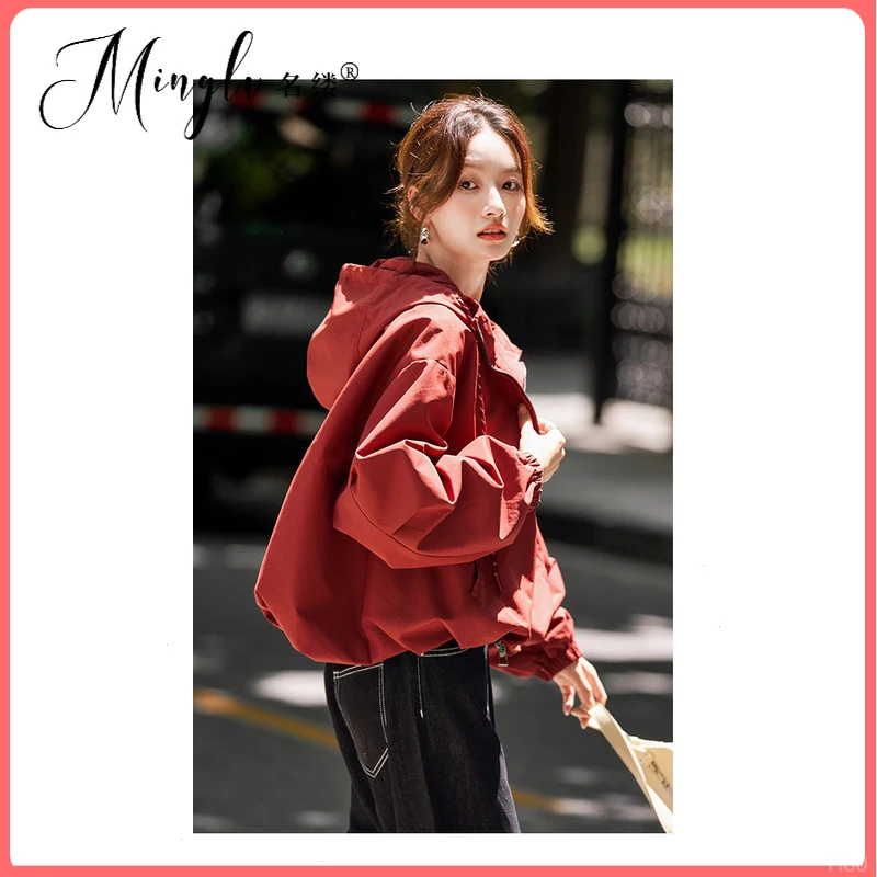 复古休闲百搭薄款上衣酒红色外套女秋季女装名缕新款连帽风衣宽松