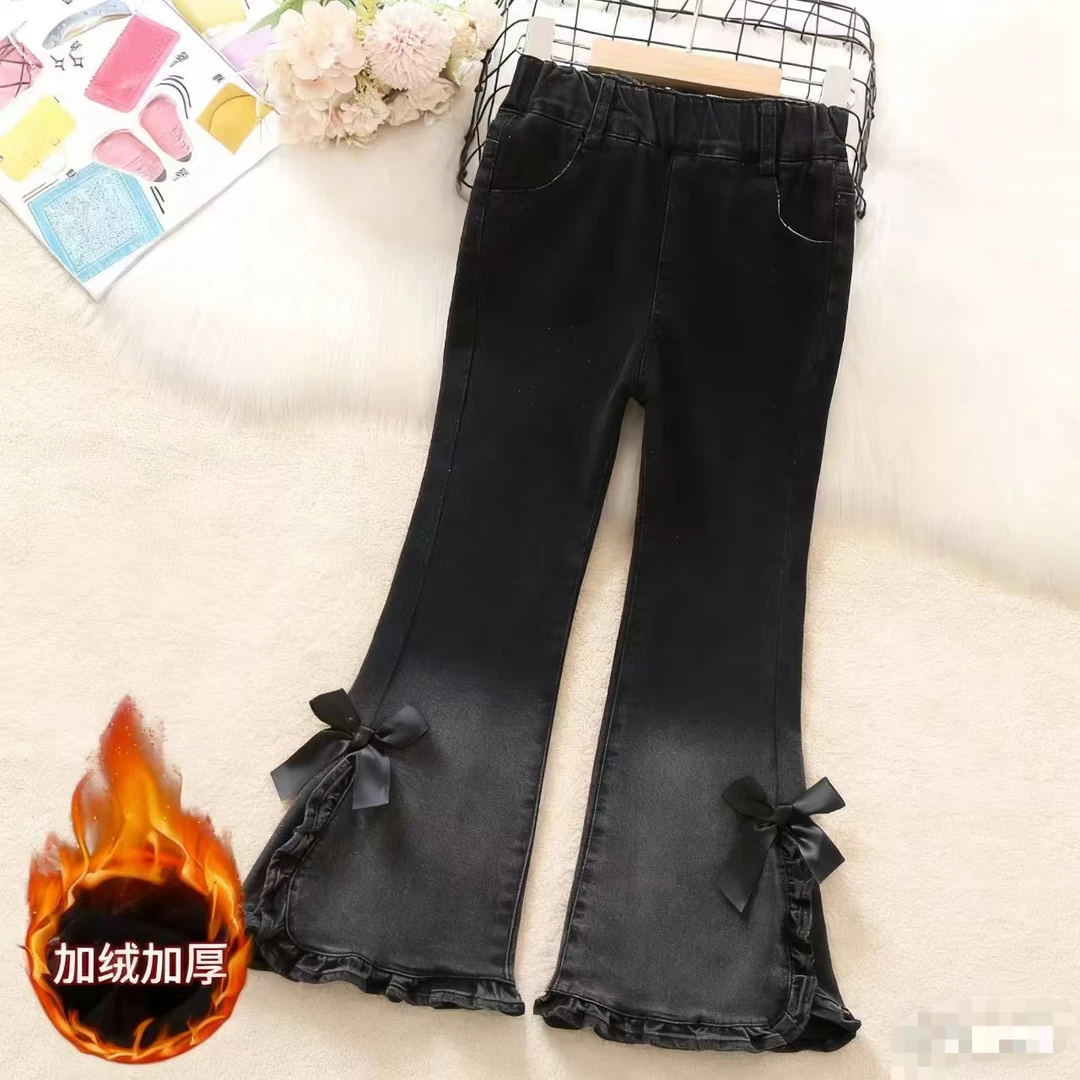 儿童牛仔裤秋冬加绒女喇叭裤时髦弹力裤子微喇宝宝长裤女童休闲裤