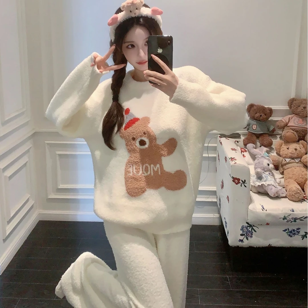 秋冬新款小熊软绵绵加厚冬季保暖睡衣女可外穿毛绒家居服套装甜美