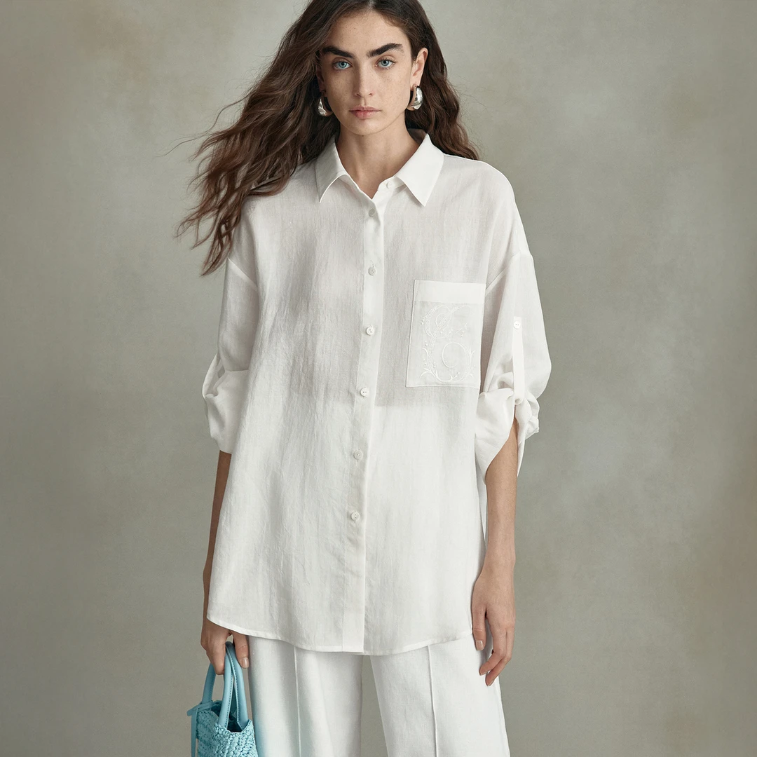 LYNEE 苎麻logo绣花轻薄宽松落肩纯欲慵懒风女装衬衫LGD2FSW159