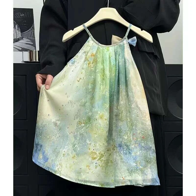 白色突突裙复古百搭气春夏时尚印花气国潮吊带连衣裙童薄款韩