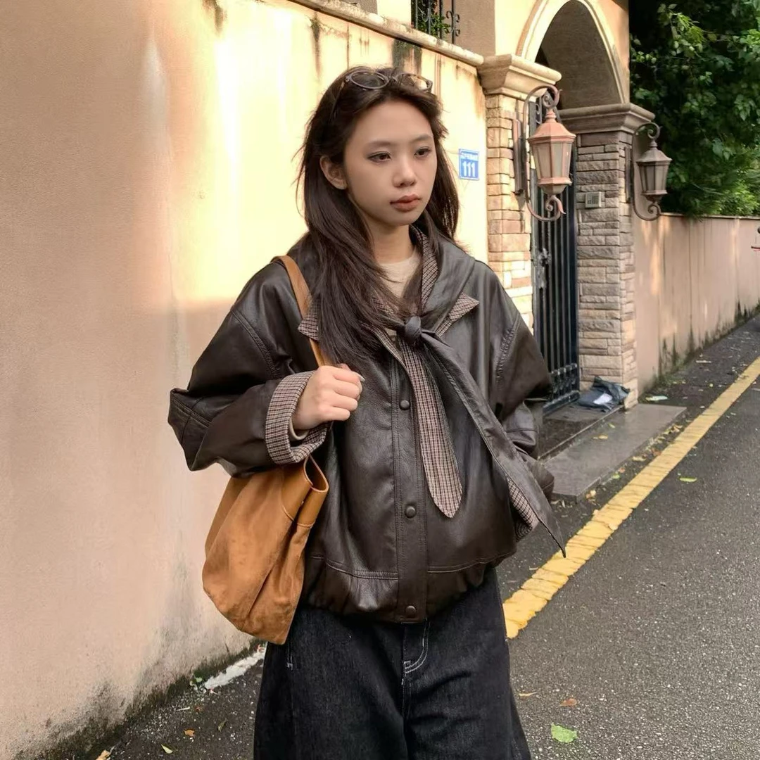 【格子皮衣】虎皮卷秋冬新款格纹拼接皮衣带帽子#S25913
