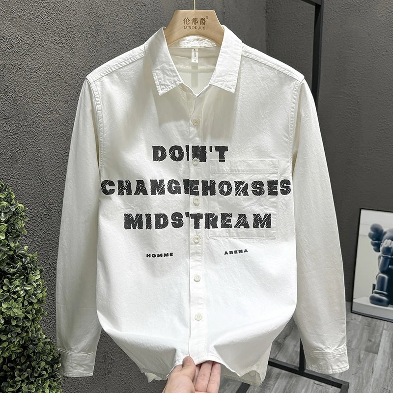 高级感暖男气质纯白色衬衫男士长袖秋季字母印花痞帅外穿休闲衬衣