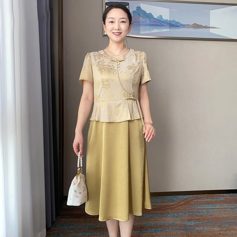 新品推荐气质妈妈装新中式假两件连衣裙夏季新款中年女短袖长裙子