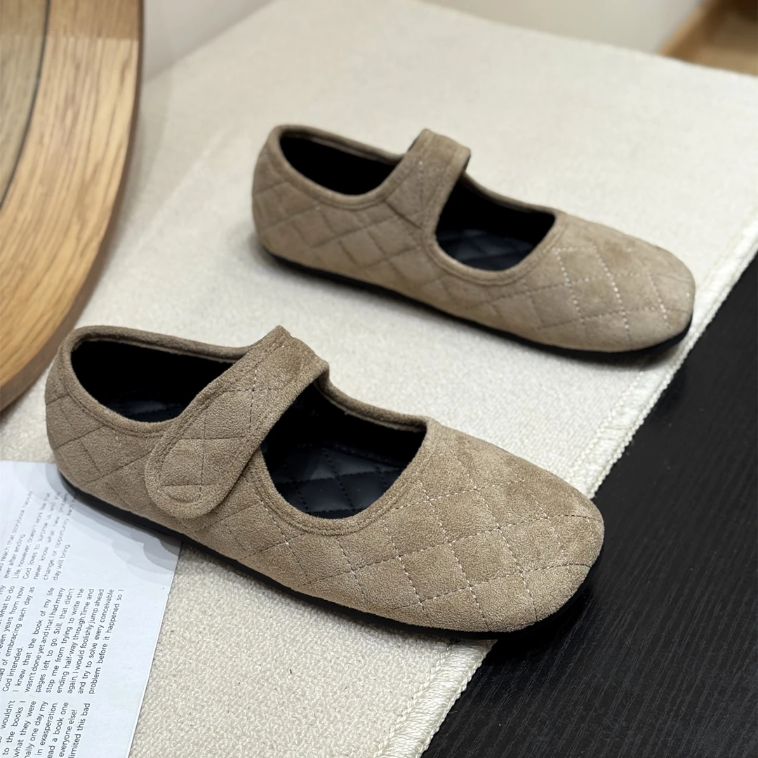 韩版时髦菱格复古绒面玛丽珍鞋女2025新款秋季方头平底魔术贴单鞋