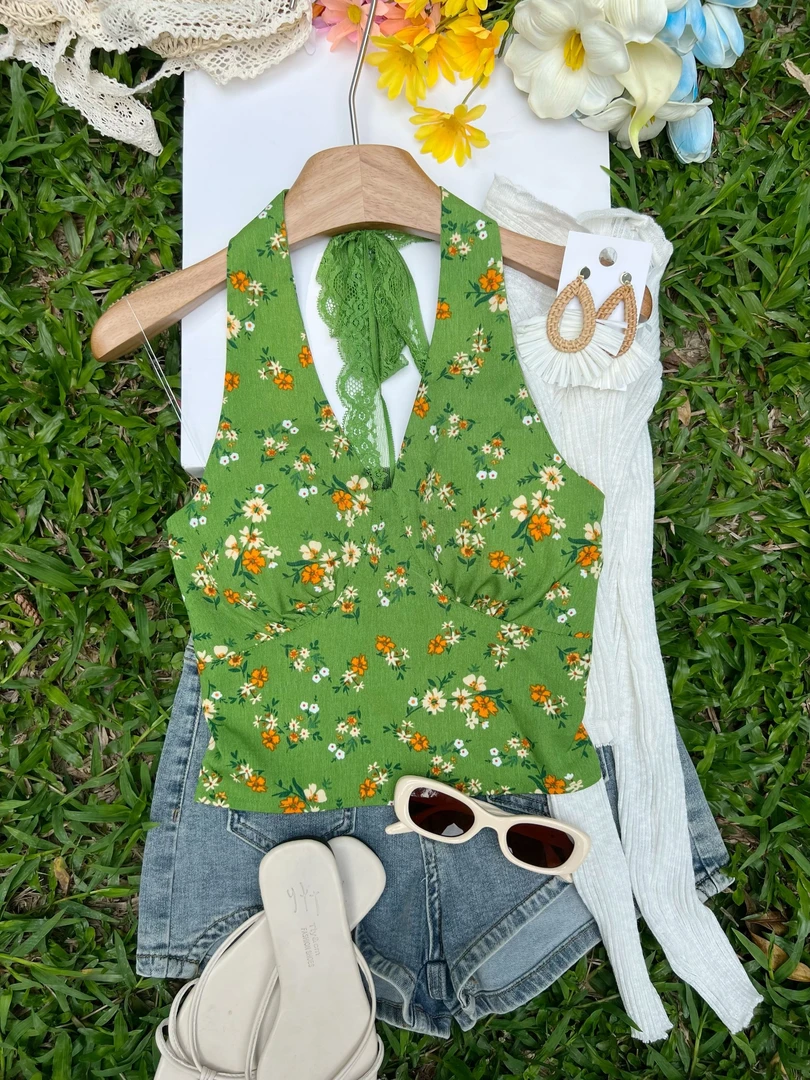 【青苹果】挂脖吊带碎花背心出行洋气美背气质时尚抹胸上衣