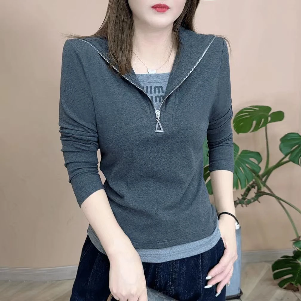 女装2025秋季时尚百搭显瘦洋气假两件半拉链打底上衣