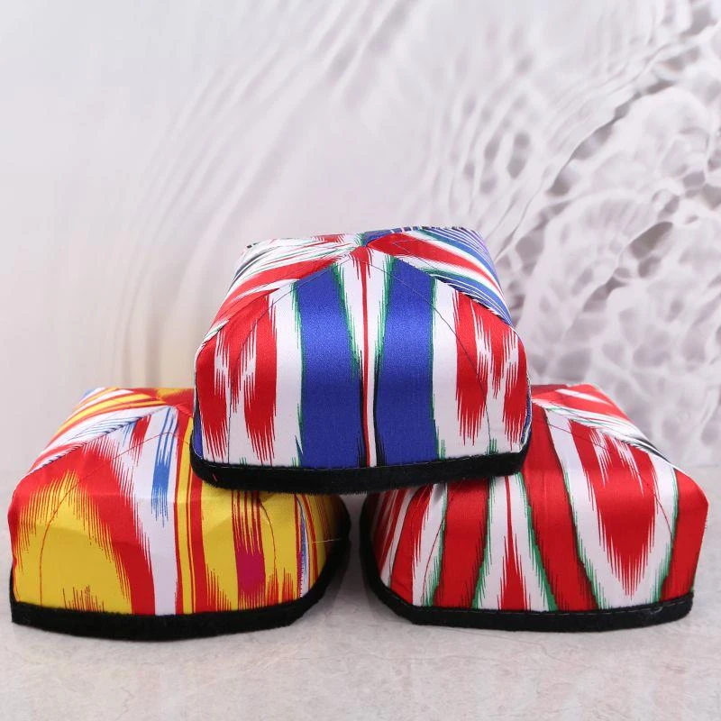 新疆民族风帽子彩色花帽舞蹈头饰维吾尔族艾德莱斯花纹女士折叠帽