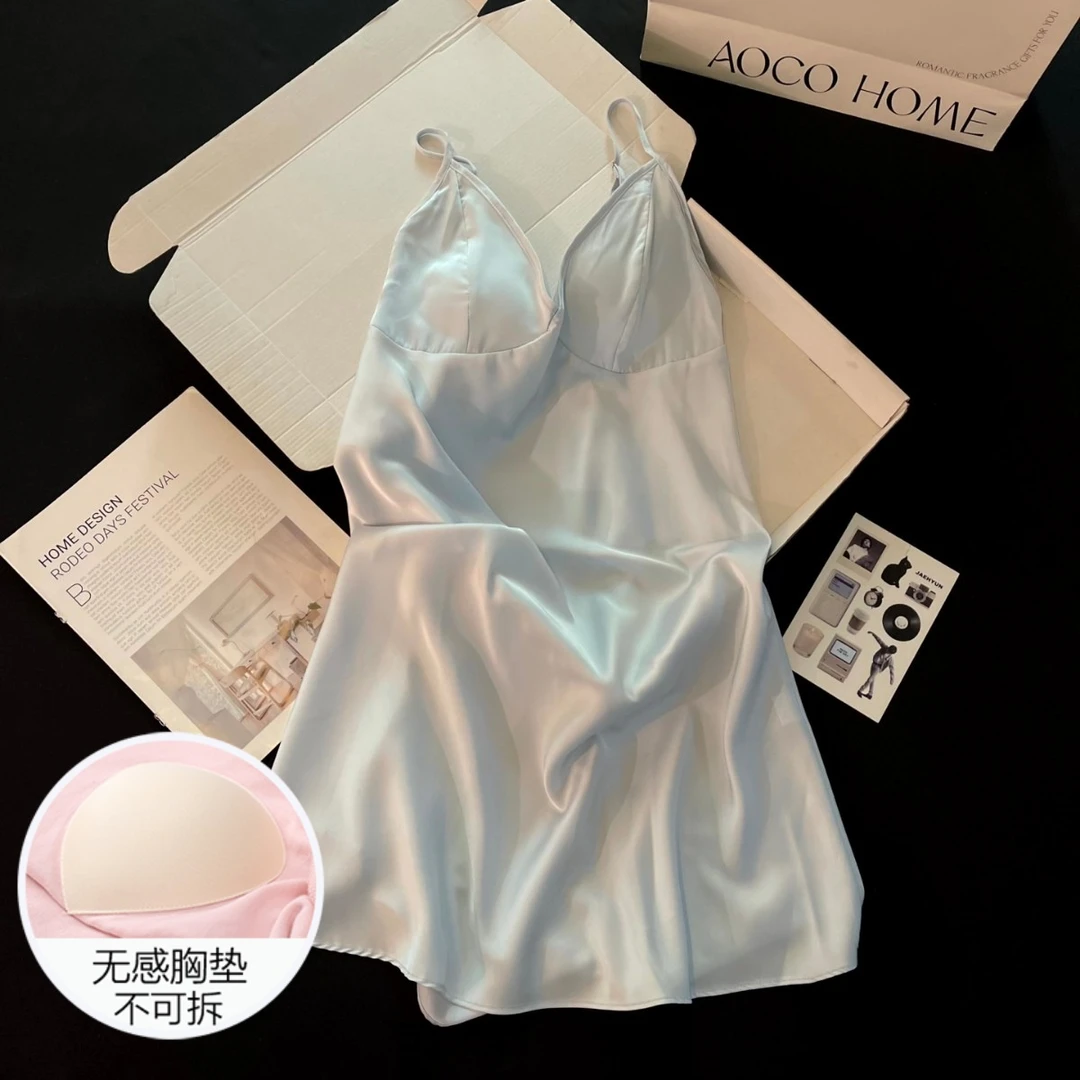 吊带睡衣女夏季冰丝凉感带胸垫性感大码可外穿蓝色睡裙夏天家居服