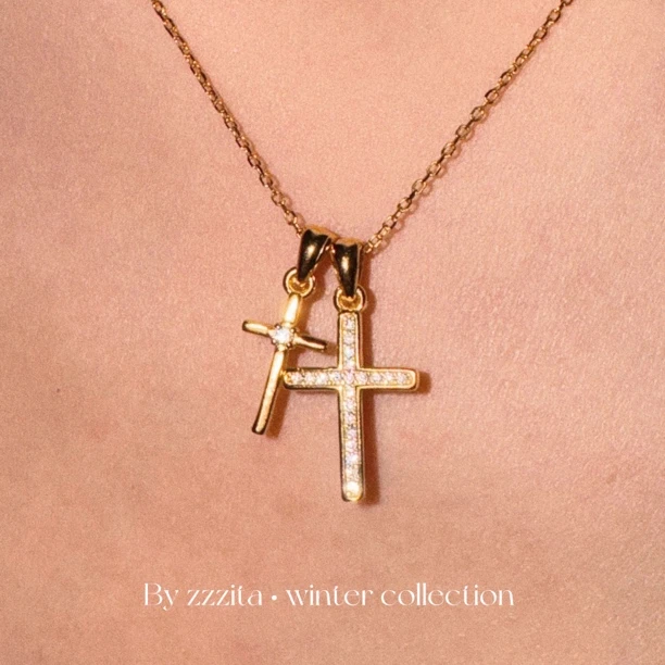 坠链均925银合成锆石 925银～美式辣妹闪钻双十字架项链简约百搭