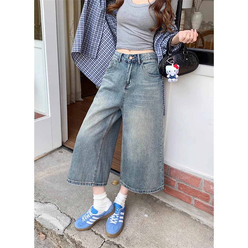 韩版复古水洗七分牛仔裤女2025夏季新款高腰直筒阔腿裤中裤八分裤