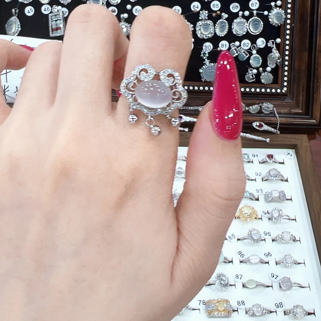 蛇纹石玉银S925镀金镶嵌戒指