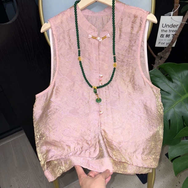 “粉色对开襟”马甲 定制款 浮光锦清凉透气文艺重工夏季马夹