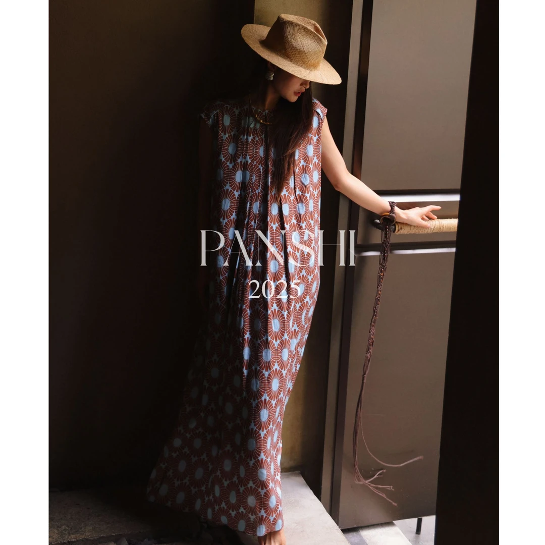 PANSHI法式小众设计优雅圆领拼色印花宽松显瘦百搭纯欲慵懒风女装