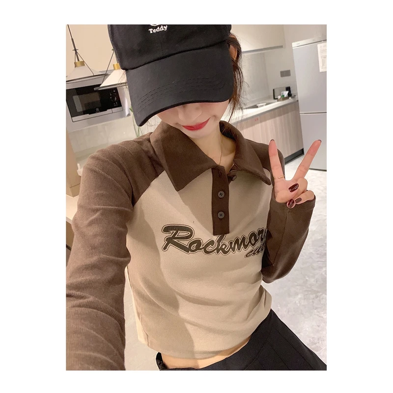 9817#港风复古字母polo领T恤春秋装新款别致独特修身插肩长袖上衣
