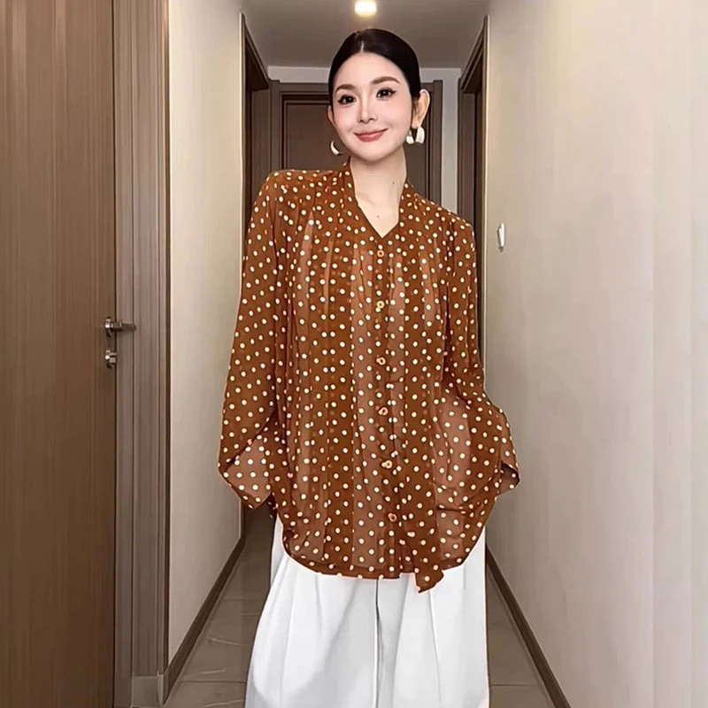 春秋新款复古法式蝴蝶结波点防晒雪纺衬衫女宽松慵懒感气质上衣