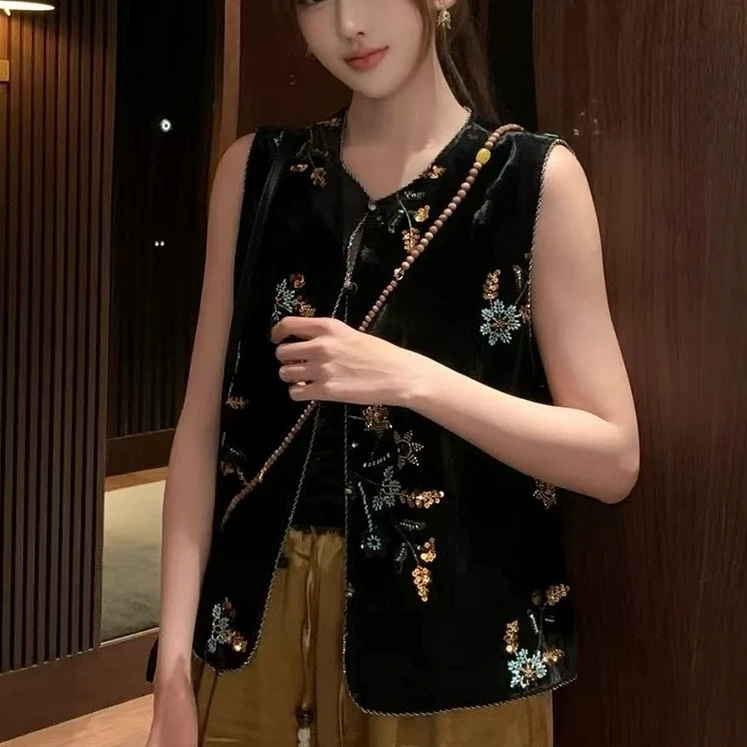 唐装马甲亮片厚款绣花百搭刺绣圆领复古马夹常规款