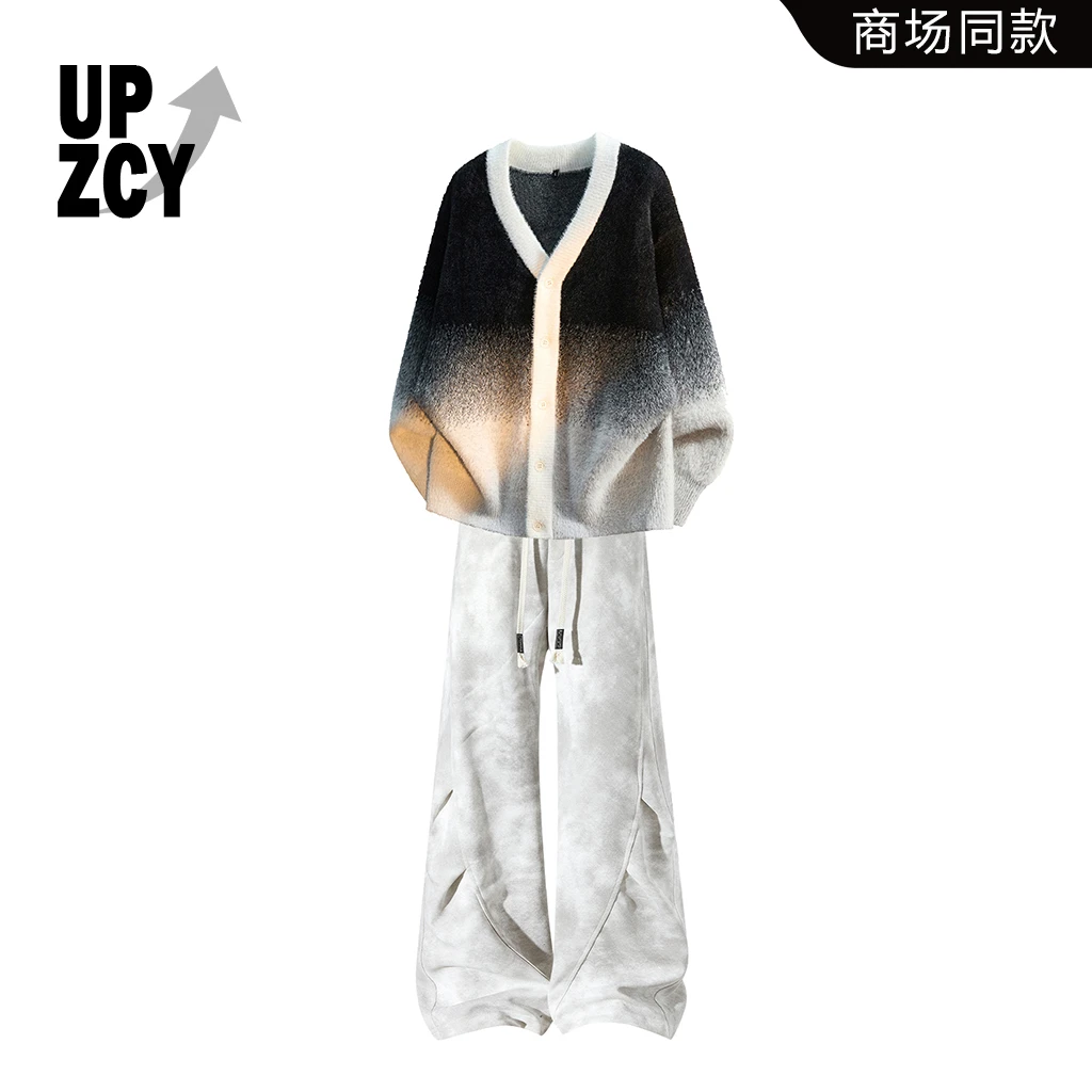 UPZCY美式渐变开衫毛衣套装男款秋冬宽松休闲潮流外套扎染牛仔裤