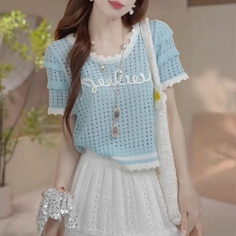 超减龄字母镂空针织短袖t恤女夏季高级感小个子宽松显瘦短款上衣