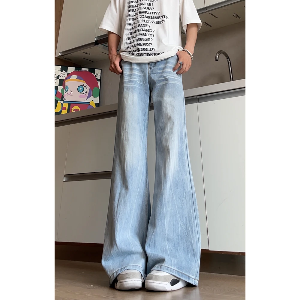 浅蓝色闪电纹牛仔裤男秋冬季潮牌宽松垂感阔腿裤子美式高街微喇裤
