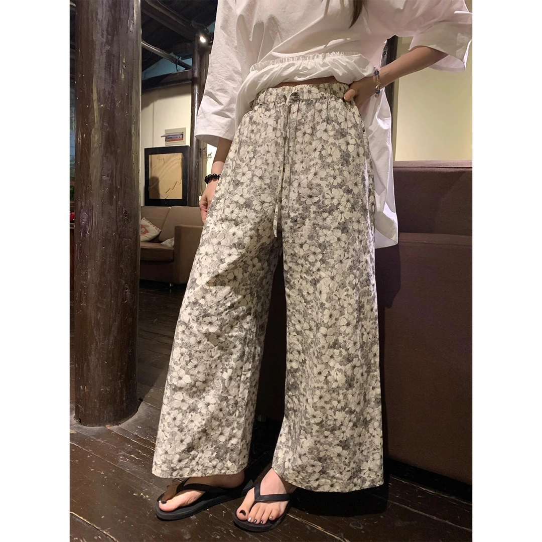 高端货~棉麻碎花松紧腰阔腿裤女夏宽松显瘦九分休闲裤