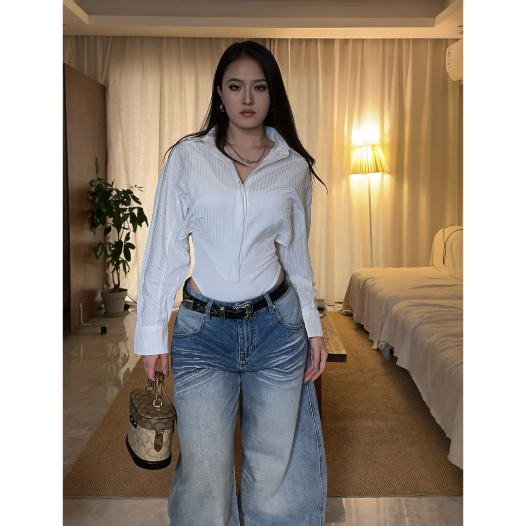 FBLin1设计感拼接假两件polo领长袖衬衫女修身收腰衣纯欲连体衣秋