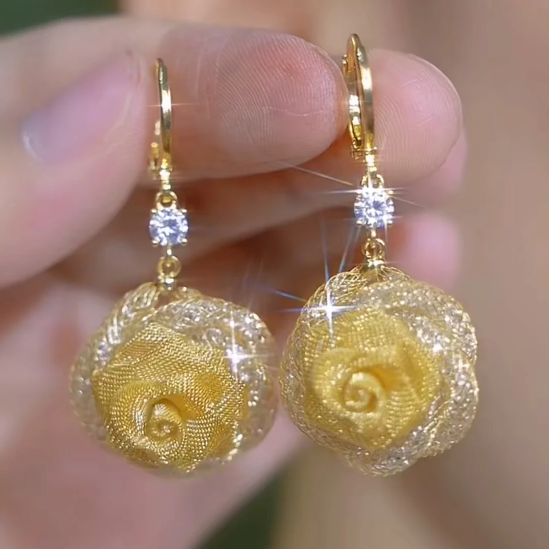 铜合金合成锆石耳饰 【玫瑰之恋】法式百搭精美爆款新品玫瑰花耳环