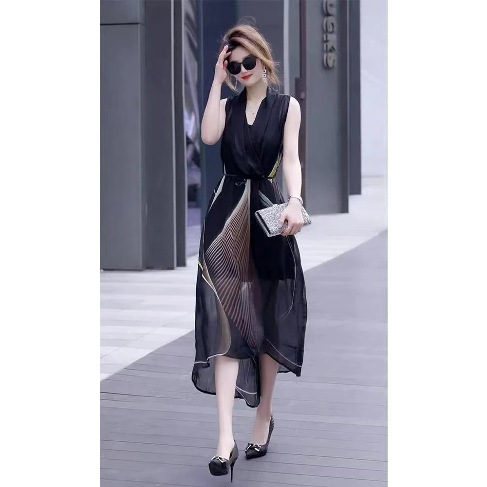 设计感定制时尚两件套连衣裙夏季简约无袖V领不规则裙子