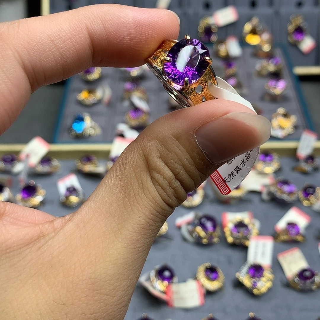 银S925镀金镶嵌戒指水晶