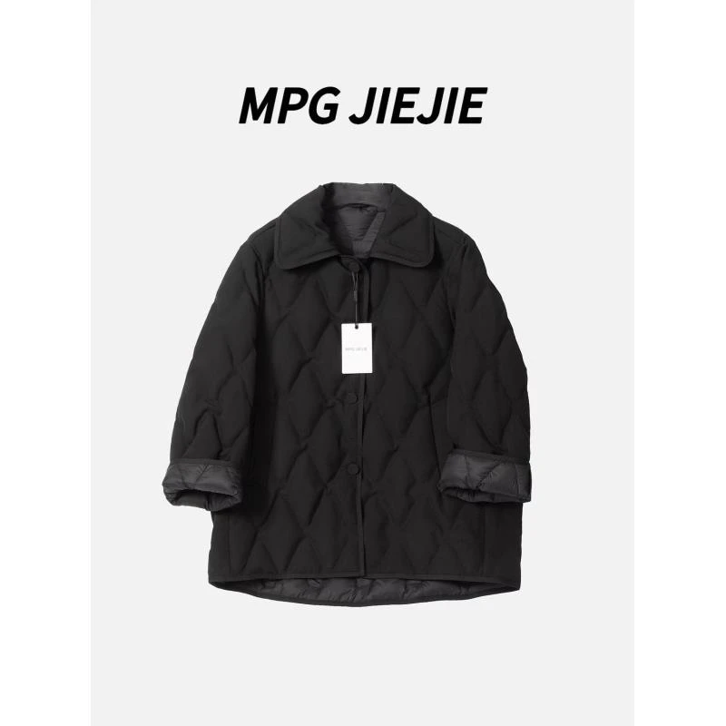 MPG JIEJIE【黑加仑】秋冬小香风经典时尚休闲黑色加厚菱格白鹅绒服