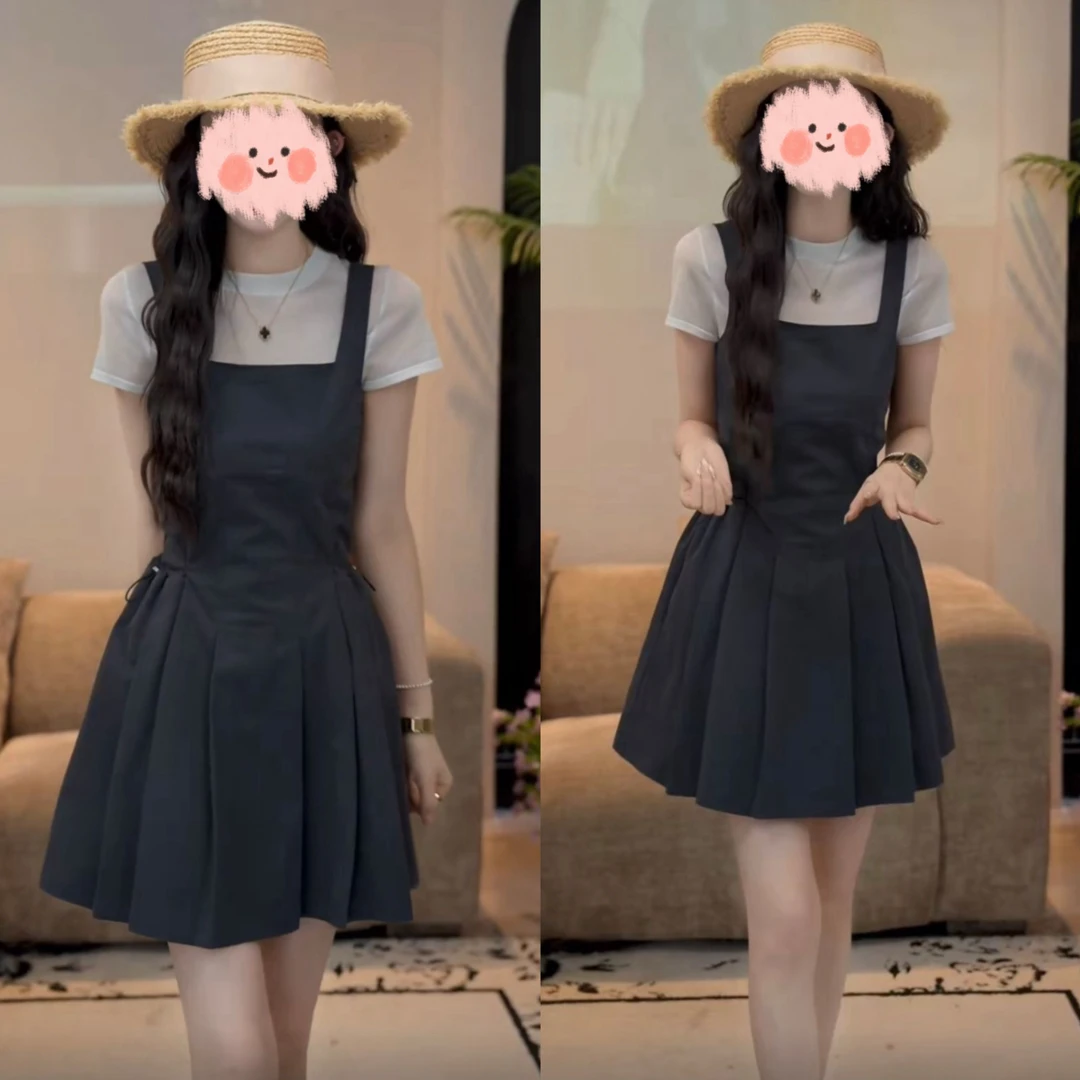 洋气衣服女2025夏季清冷感背带连衣裙+短袖上衣两件套