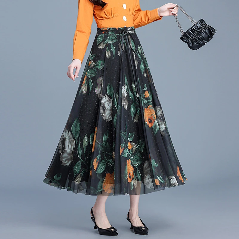 印花网纱烫钻A字半身裙大摆裙春夏高腰显瘦中长款春季1E长裙6903