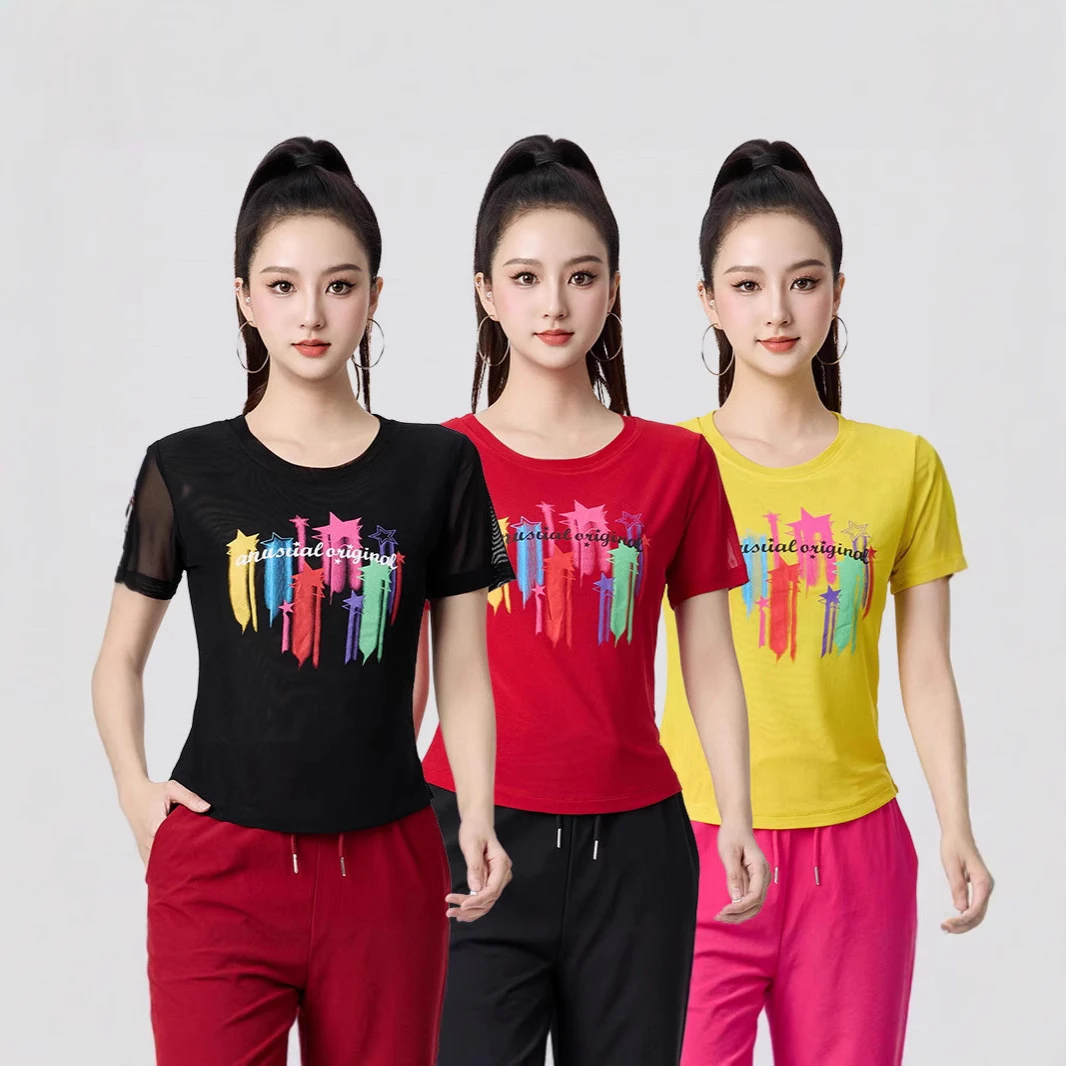 夏新款运动服装上衣双层网纱圆领印花高弹健身时尚嘻哈跳街舞衣服