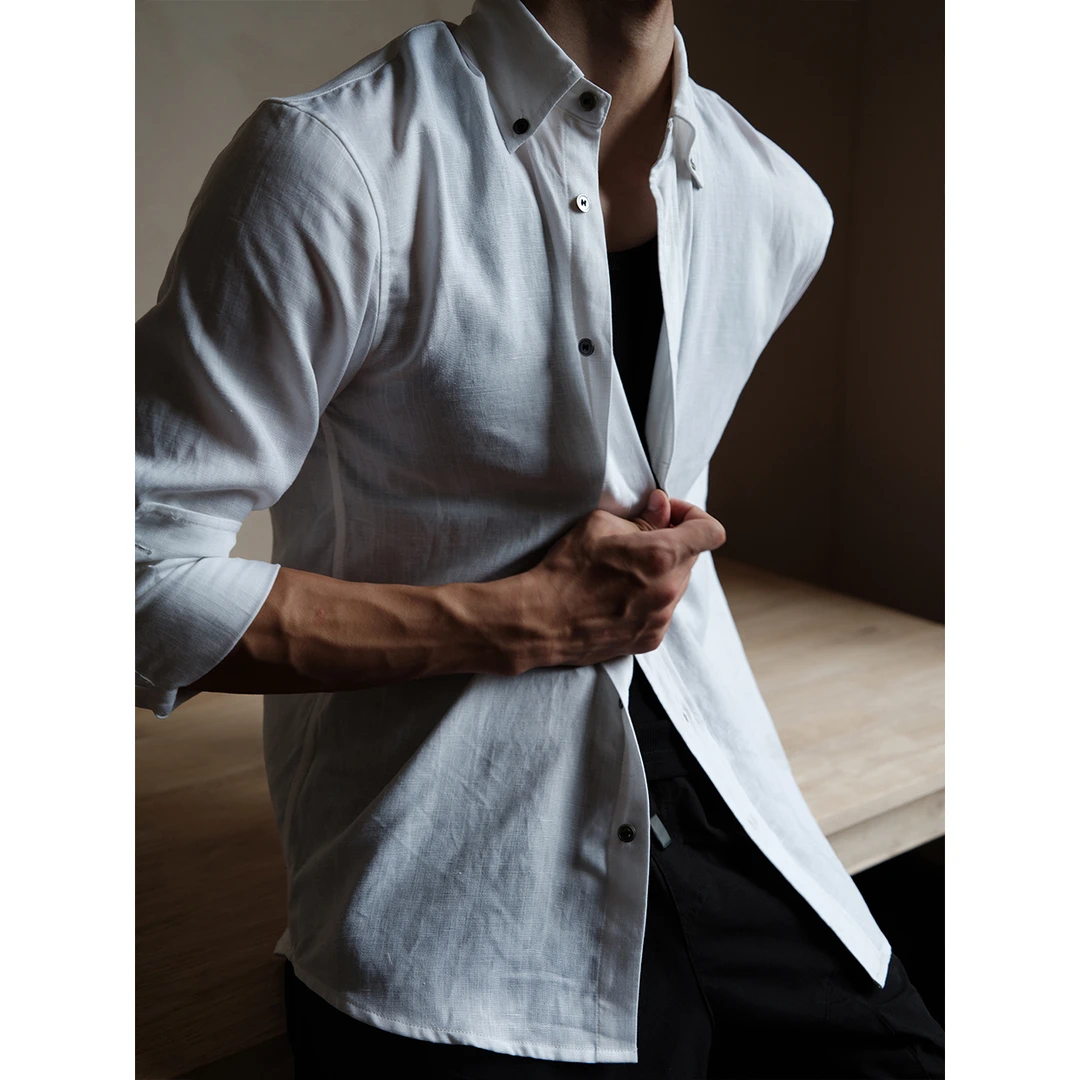 GTAL美式亚麻长袖衬衫纯色天丝凉感透气衬衣男士休闲商务纽扣上衣
