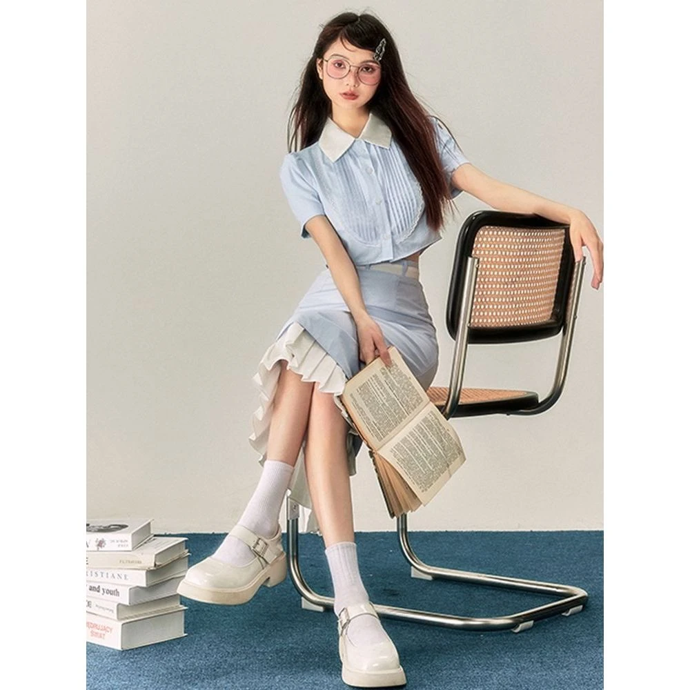 新款小众设计感法式衬衫上衣短袖+半身长裙套装女夏季两件套裙子