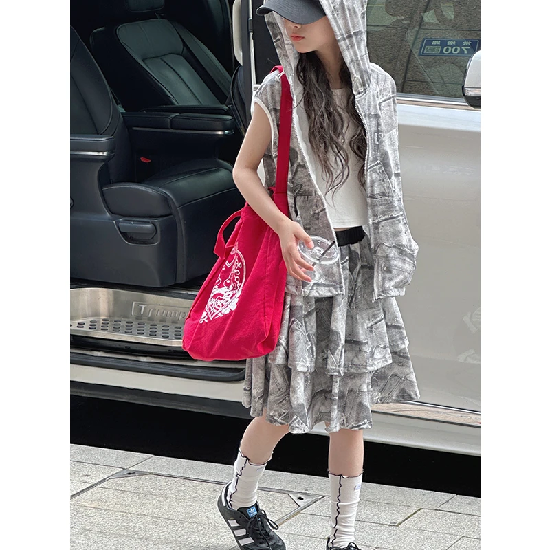 K28887潮酷女童套装裙夏装儿童两件套2025新款休闲女孩马甲裙子潮