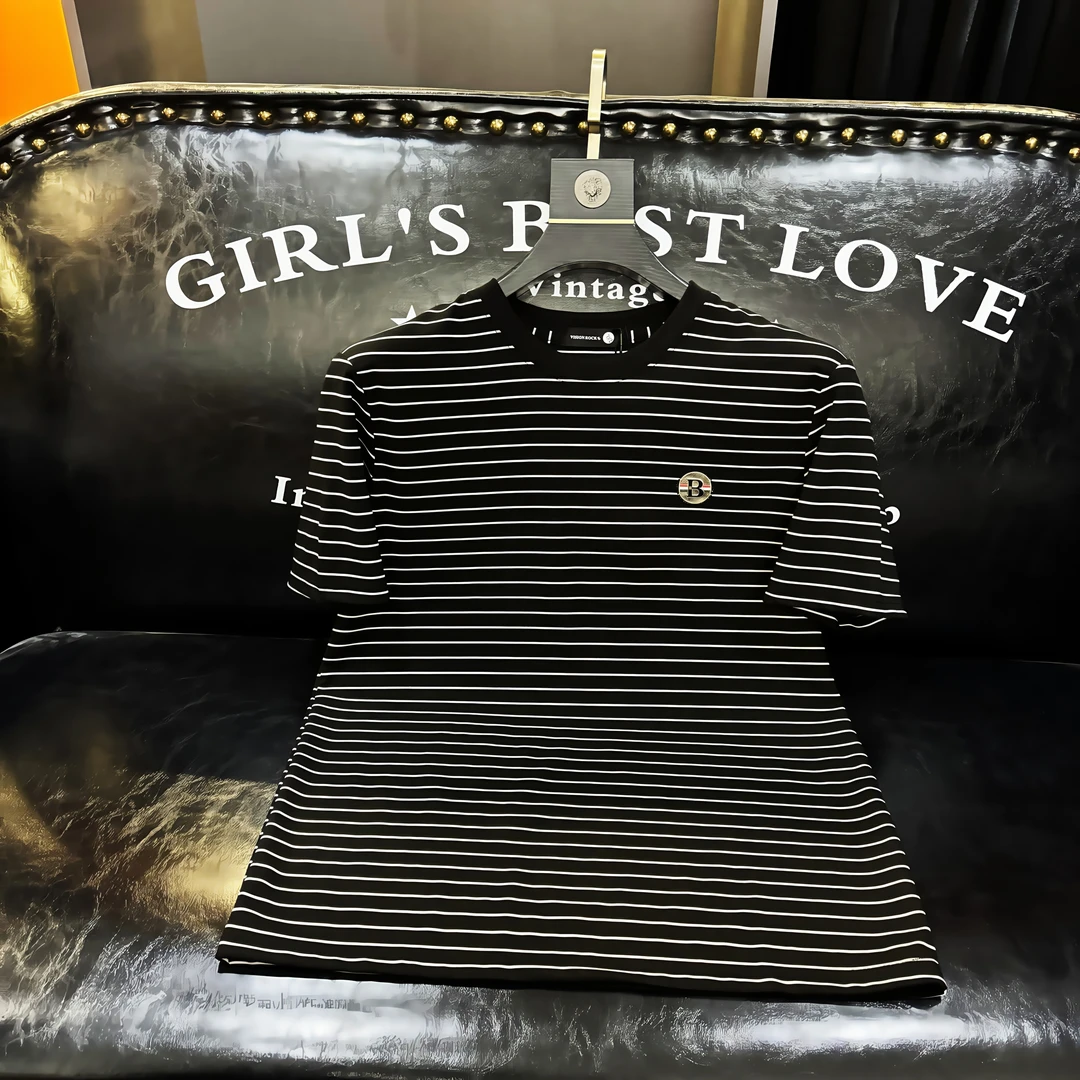 男士夏季新款轻奢时尚百搭修身条纹丝光棉小标圆领短袖002