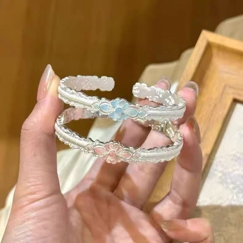 足银手镯 30克足银999.9国风珐琅彩新款葫芦花拉丝羽毛手镯