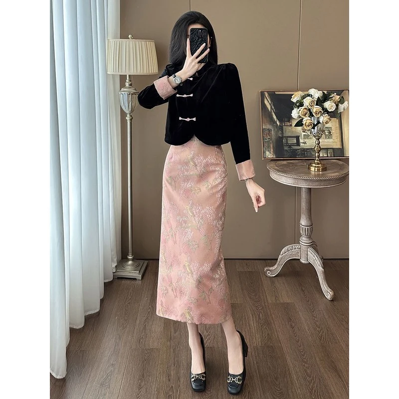 盘扣上衣复古风春季开叉半身裙两件套女御姐气质新中式国风套装裙