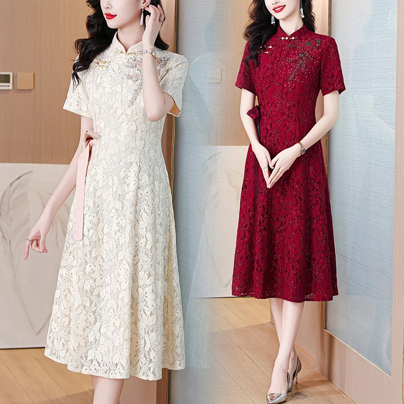 复古蕾丝新中式旗袍风格礼服裙2025夏款喜婆婆女装年轻版喜婆婆装