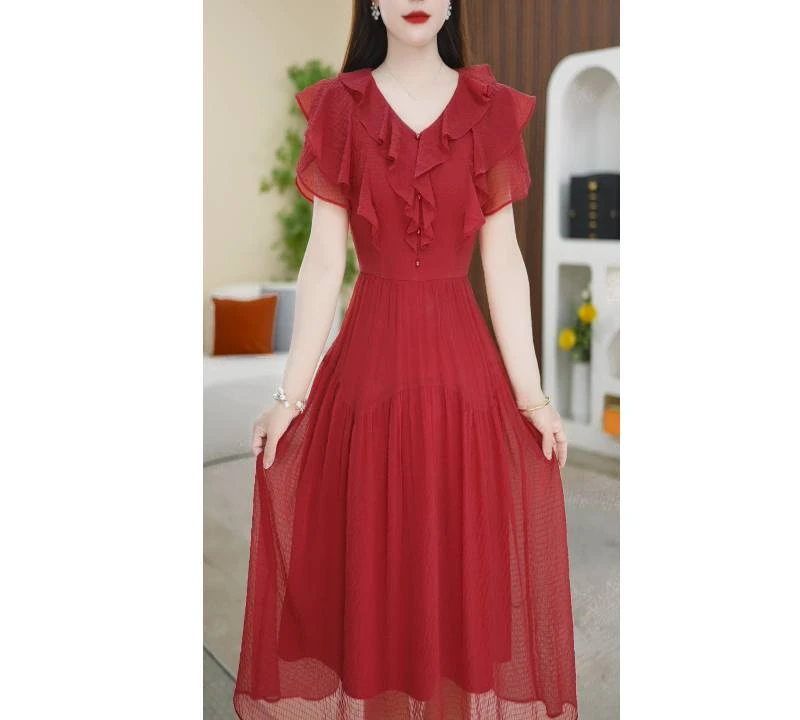 【连衣裙】气质时尚夏季V领纯色收腰减龄女装连衣裙M-4XL