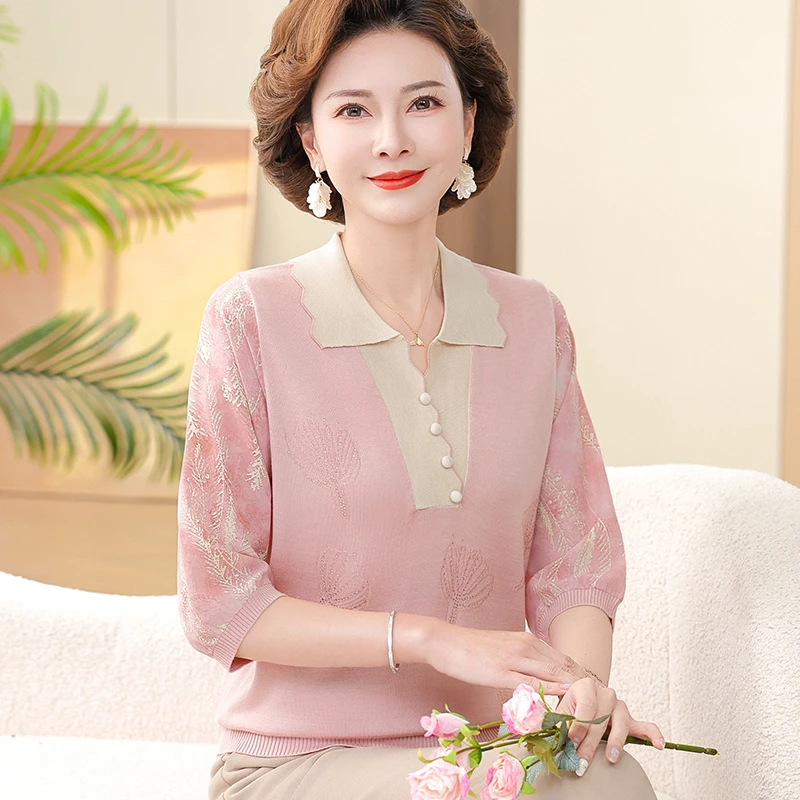 妈妈春装2025新款针织打底小衫时尚中老年女夏季中袖纱袖T恤薄款