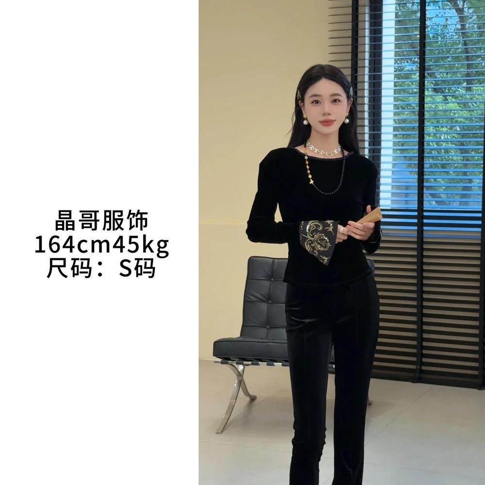 现货【金风玉露】新中式显瘦气质丝绒长袖黑色打底上衣