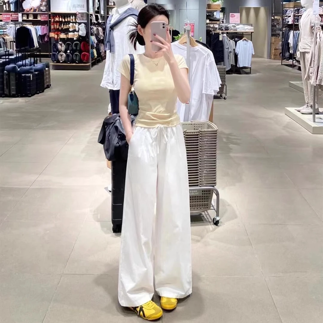 白色阔腿裤女春夏薄款高腰显瘦垂感小个子水洗棉麻休闲直筒牛仔裤