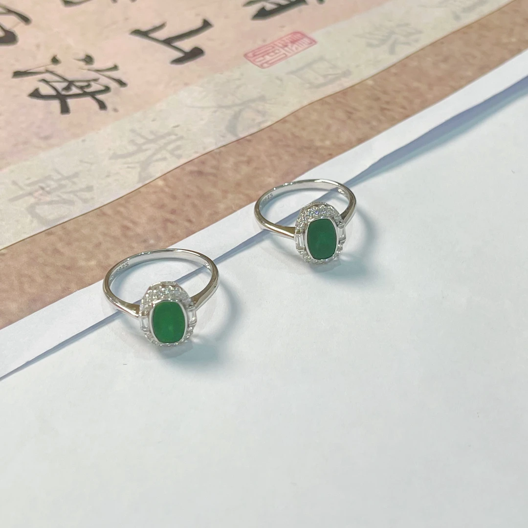 【小宝珠宝】20 T92457-S925银镶嵌翡翠戒指-多样性发其一-8*6mm